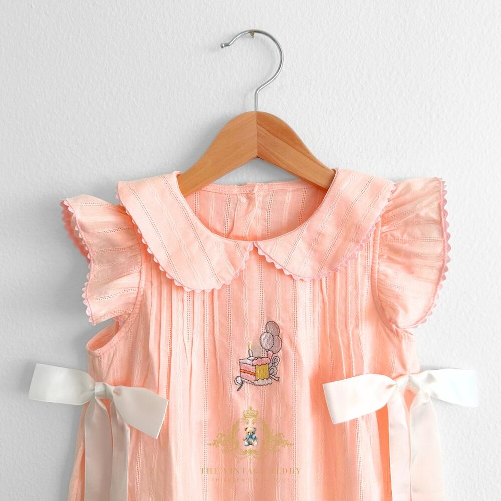 NWT Pretty Girls Embroidered Dress Happy Birthday Cake & Balloons Peach 18-24M - Picture 3 of 3